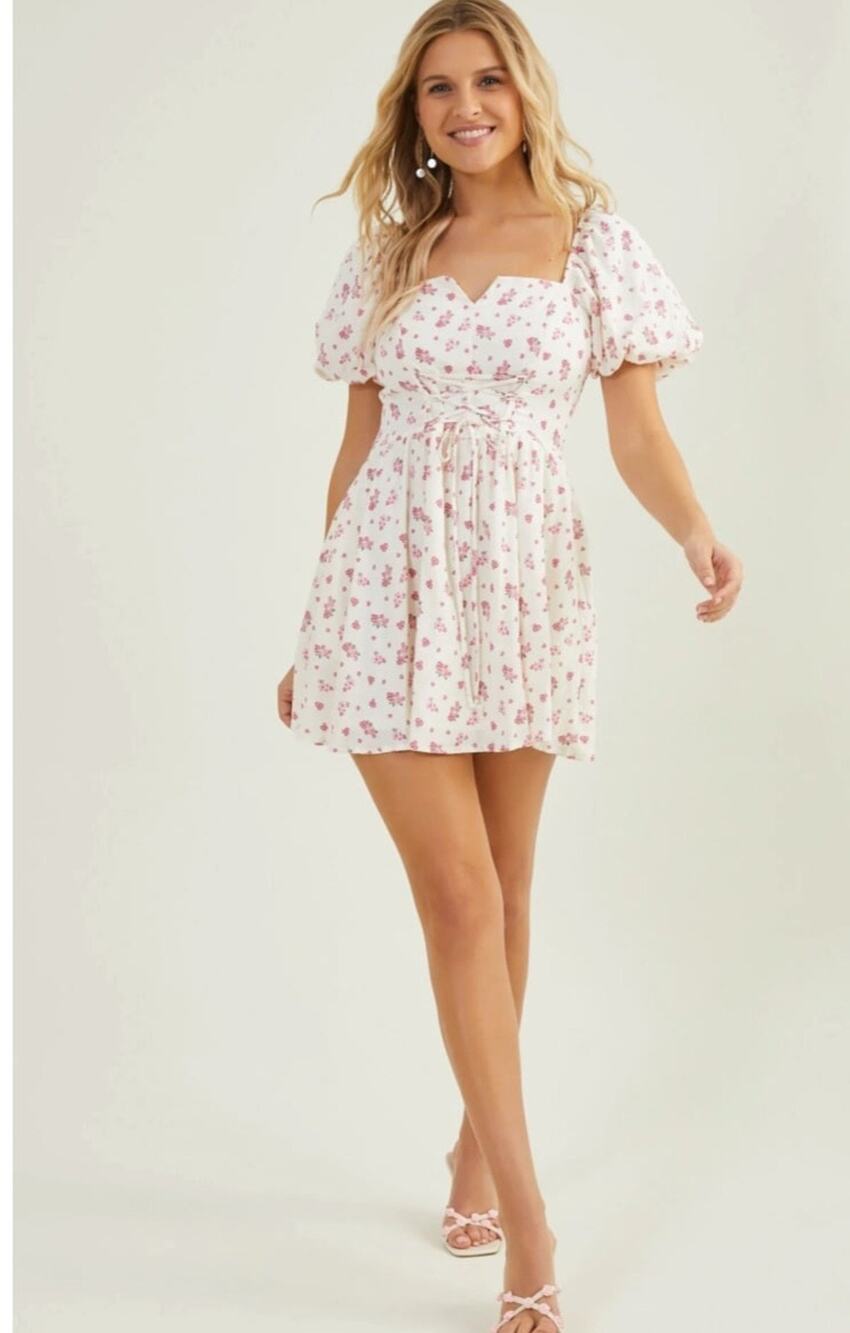 Altar'd State Collie Pink Floral White Mini Dress Size Small